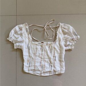 Free People Embroidered White Puff Sleeve Women's Top